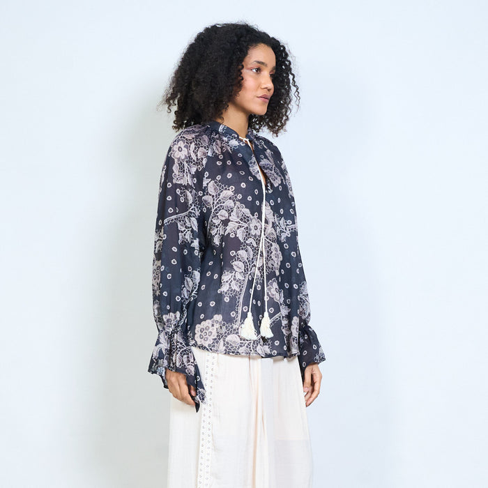 Floral graphic tassel tie neck long sleeve blouse wholesale