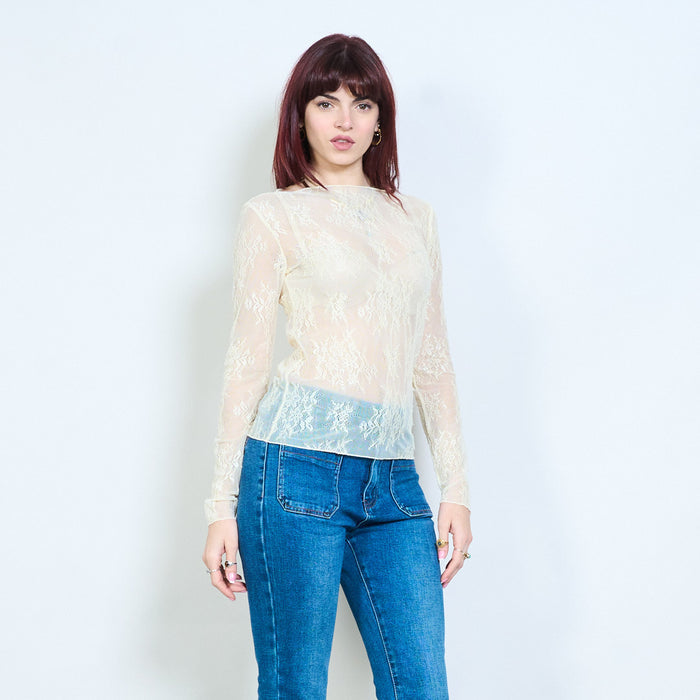 Floral lace sheer fitted long sleeve top wholesale