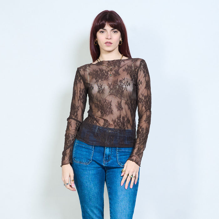 Floral lace sheer fitted long sleeve top wholesale