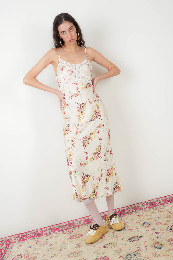 Floral lace trim satin slip midi dress wholesale