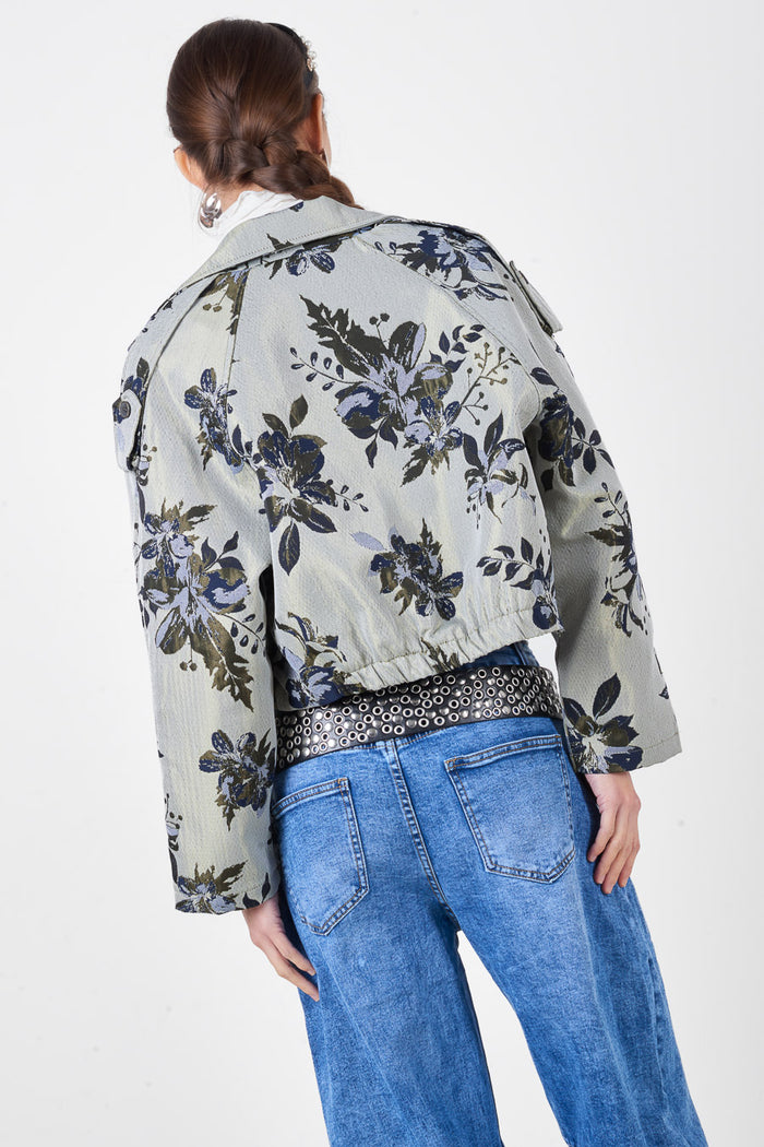 Floral print cropped jacket with lapel collar button front and relaxed fit wholesale