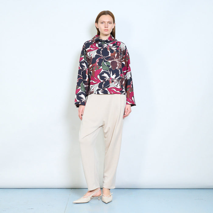 Floral printed draped neckline long sleeve top wholesale