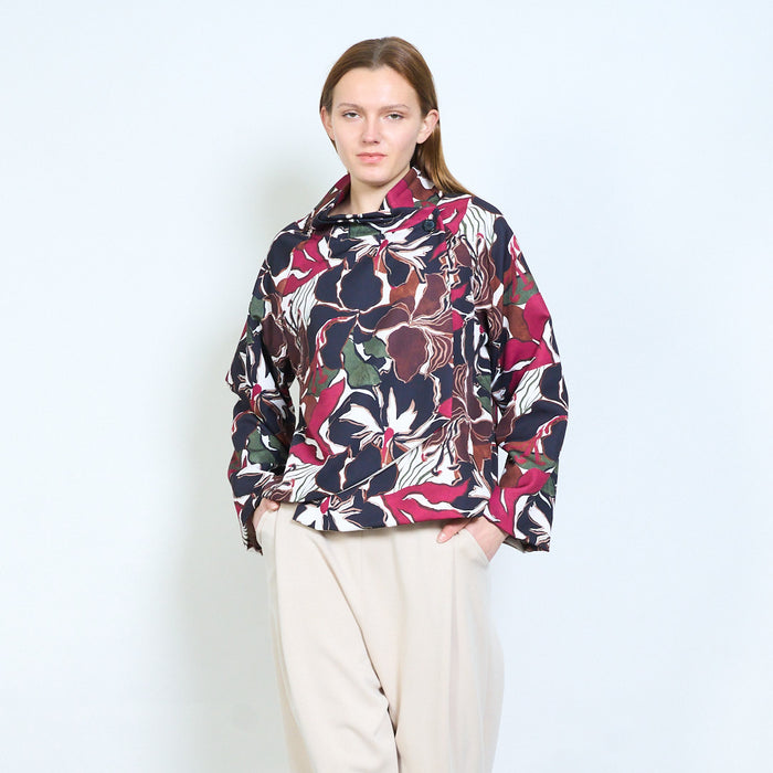 Floral printed draped neckline long sleeve top wholesale