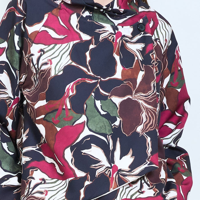 Floral printed draped neckline long sleeve top wholesale
