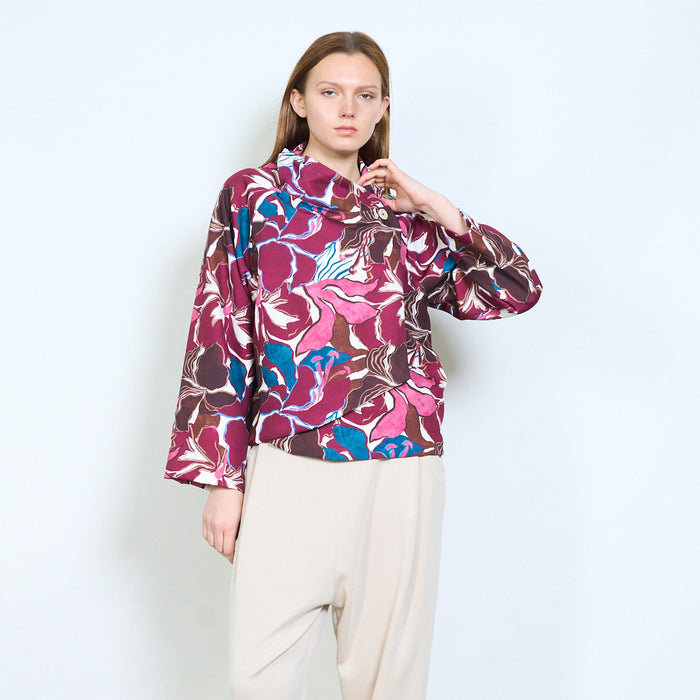 Floral printed draped neckline long sleeve top wholesale
