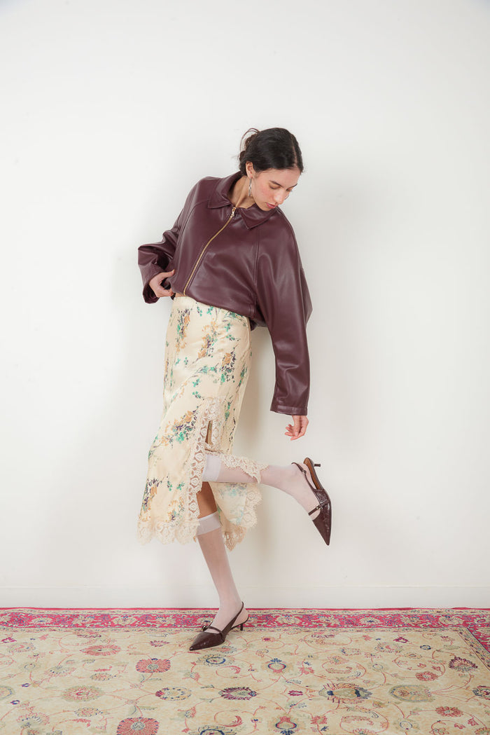 Floral printed satin lace trim midi skirt wholesale