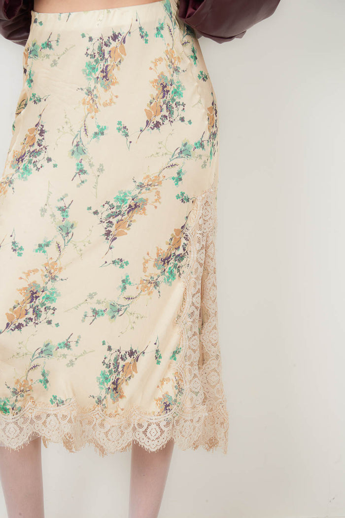 Floral printed satin lace trim midi skirt wholesale