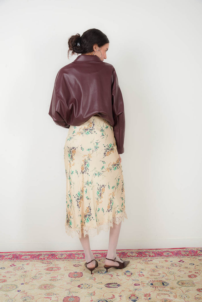 Floral printed satin lace trim midi skirt wholesale
