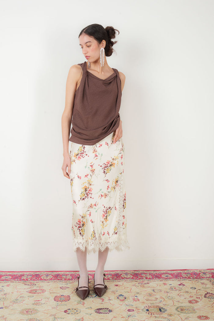 Floral printed satin lace trim midi skirt wholesale