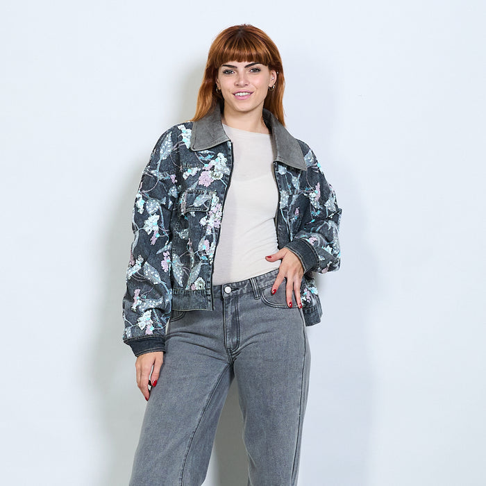 Floral sequin embroidered denim jacket with contrast collar wholesale