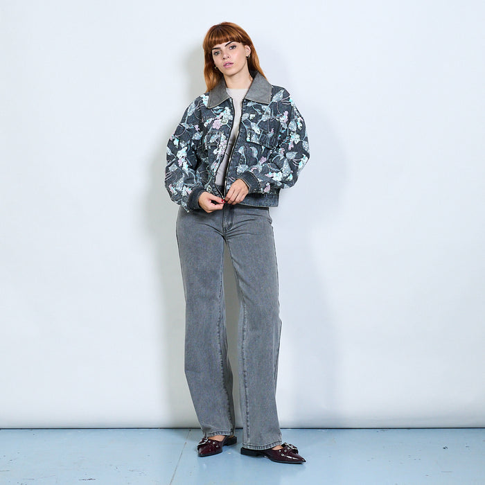Floral sequin embroidered denim jacket with contrast collar wholesale