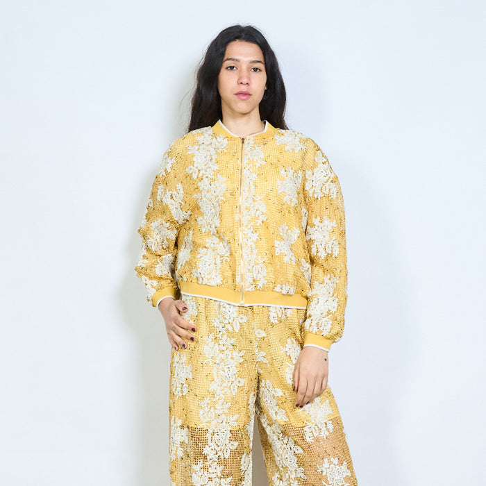 Floral textured zip up bomber jacket wholesale