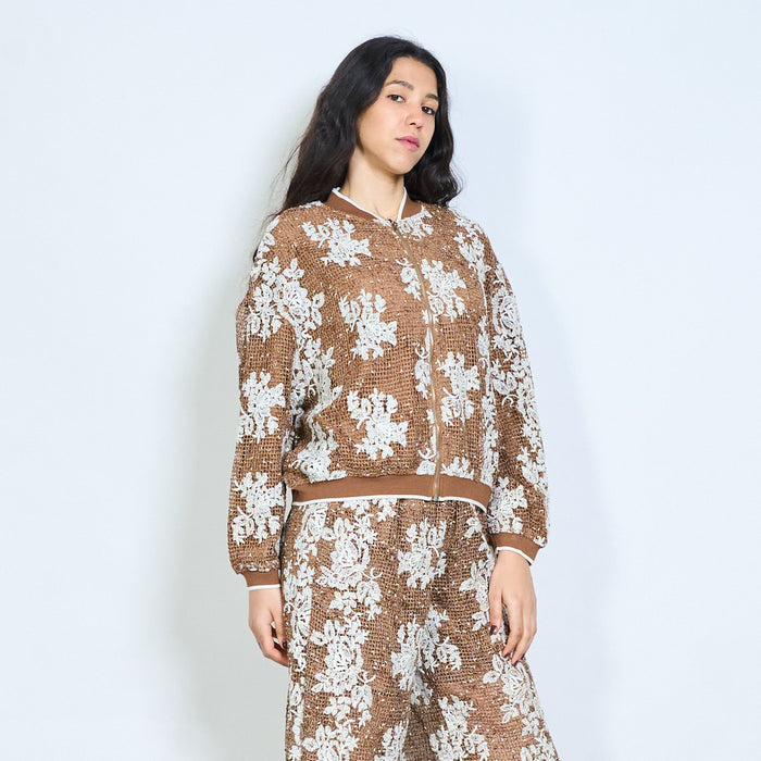 Floral textured zip up bomber jacket wholesale