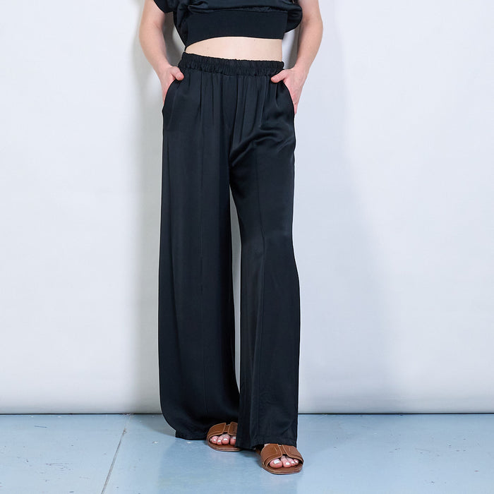 Flowy wide-leg satin trousers with elastic waist wholesale