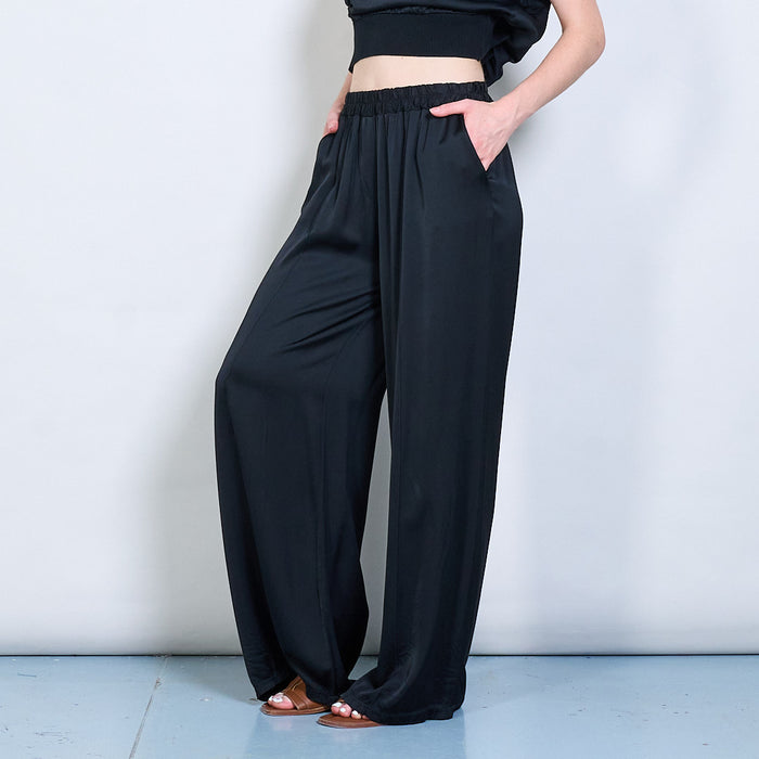 Flowy wide-leg satin trousers with elastic waist wholesale