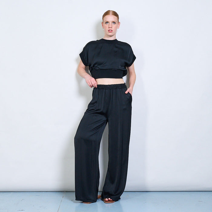 Flowy wide-leg satin trousers with elastic waist wholesale