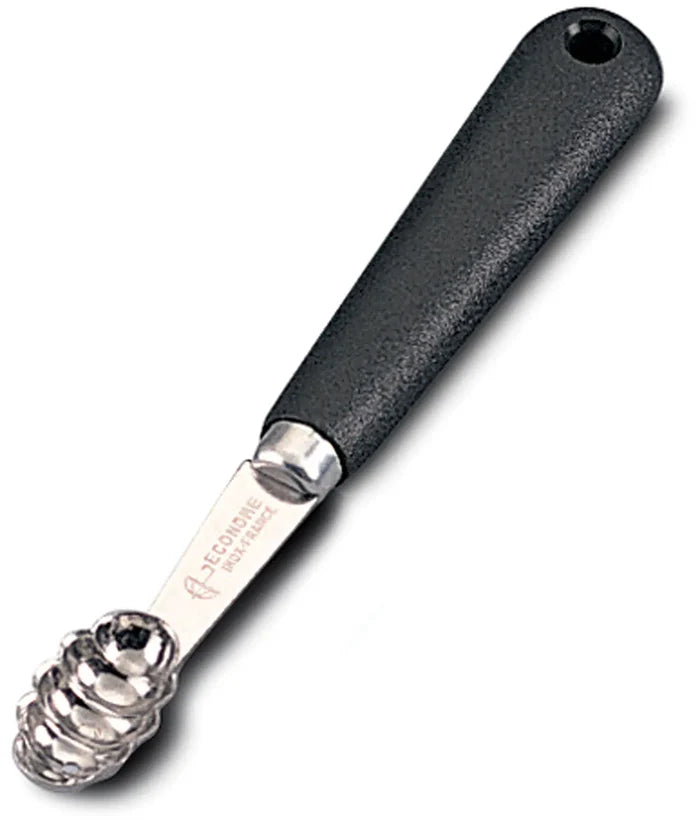 A stainless steel fluted oval scoop with black plastic handles.