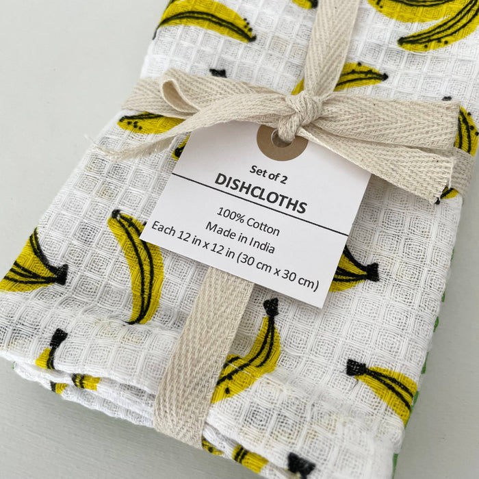 fort & field | 100% cotton banana and stripe kitchen dishcloths - set of 2