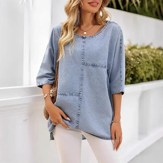Frédérique - T-shirt femme effet denim avec coutures décoratives