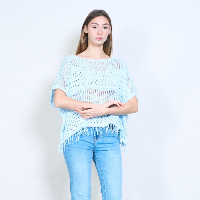 Fringe hem open knit crochet stitch batwing sweater wholesale