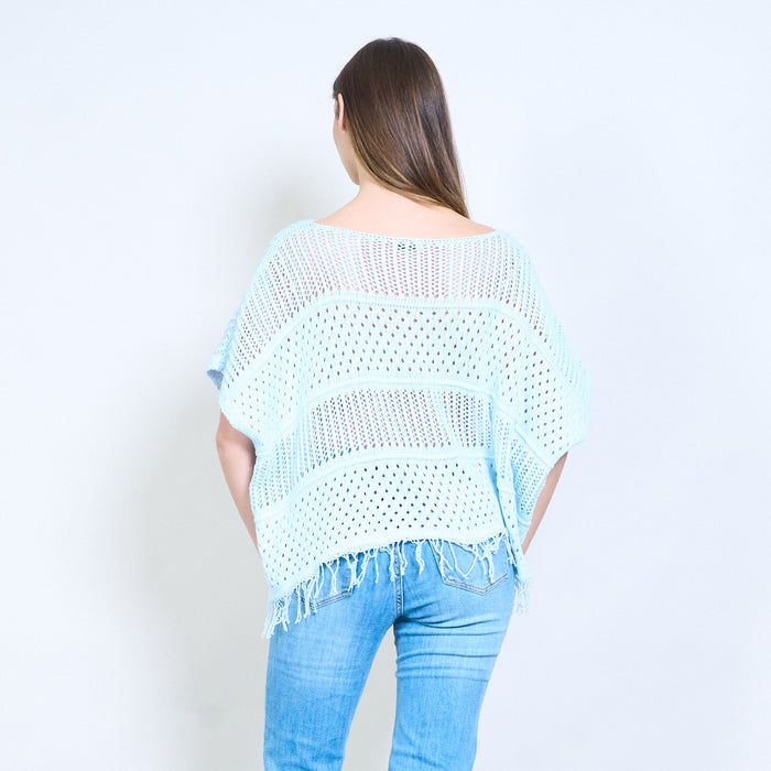 Fringe hem open knit crochet stitch batwing sweater wholesale