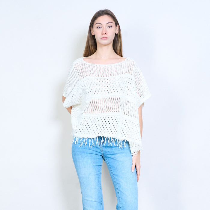 Fringe hem open knit crochet stitch batwing sweater wholesale