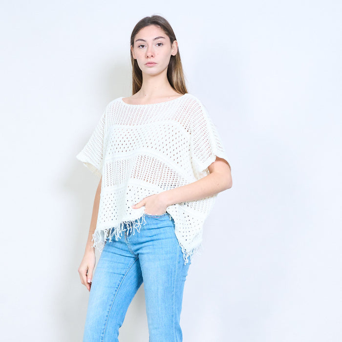 Fringe hem open knit crochet stitch batwing sweater wholesale