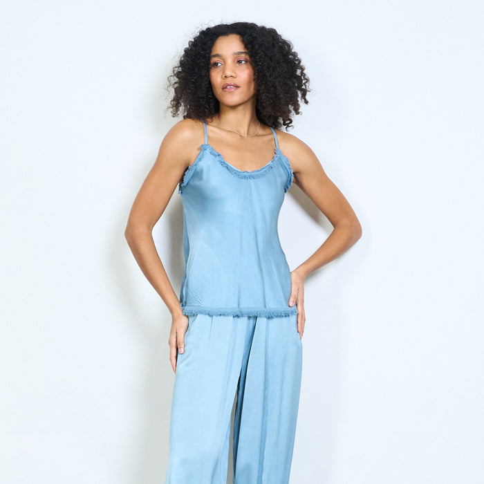 Fringe trim satin camisole top with adjustable straps wholesale