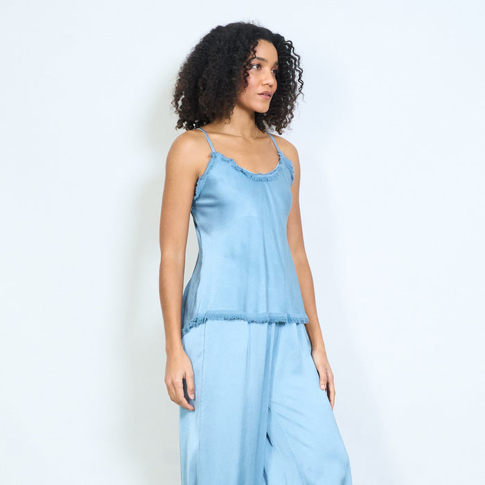 Fringe trim satin camisole top with adjustable straps wholesale