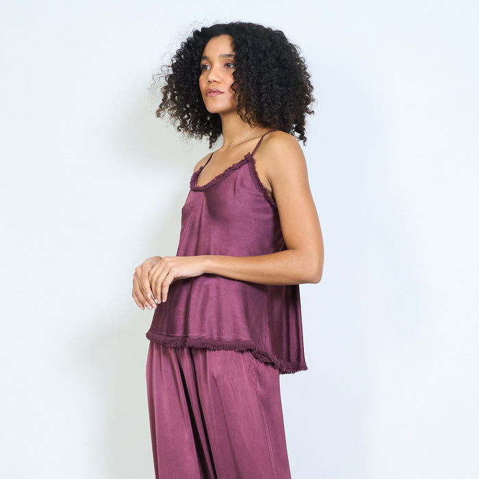 Fringe trim satin camisole top with adjustable straps wholesale