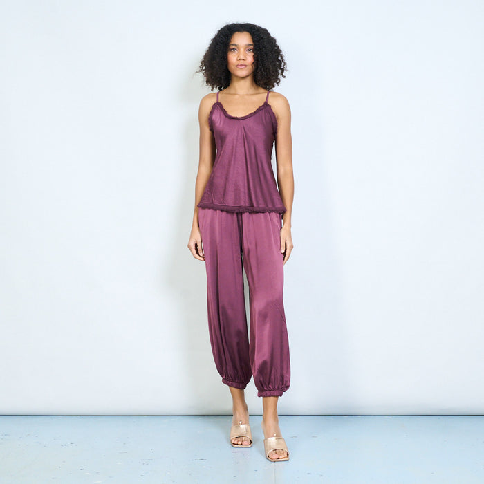 Fringe trim satin camisole top with adjustable straps wholesale