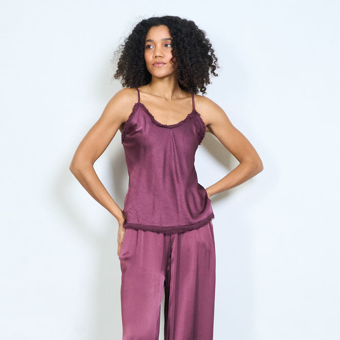 Fringe trim satin camisole top with adjustable straps wholesale