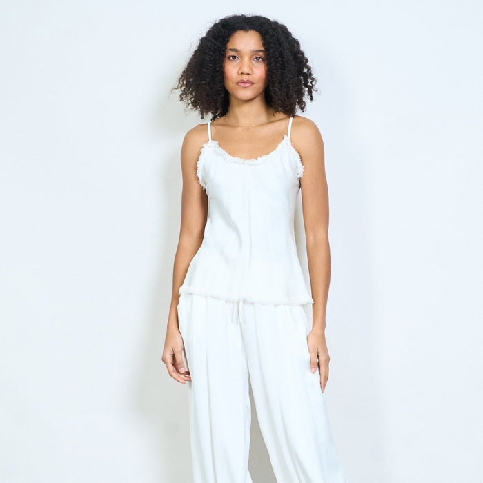 Fringe trim satin camisole top with adjustable straps wholesale
