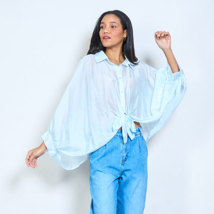 Front tie hem flowy long sleeve sheer blouse wholesale