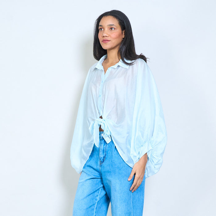 Front tie hem flowy long sleeve sheer blouse wholesale