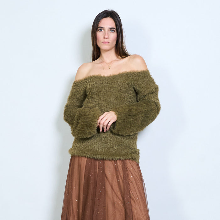 Fuzzy deep v-neck fitted longline pullover wholesale