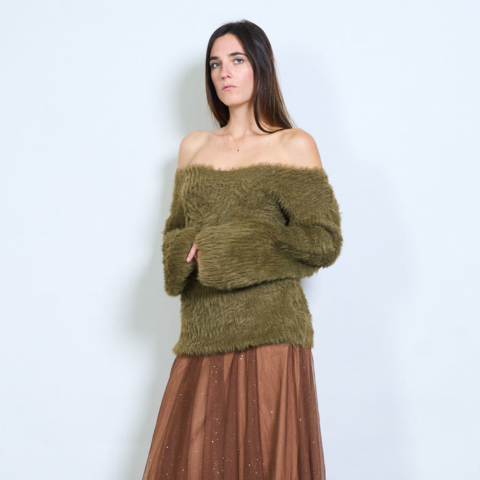 Fuzzy deep v-neck fitted longline pullover wholesale