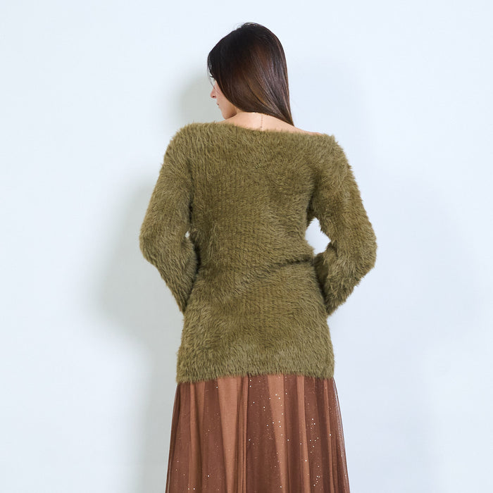 Fuzzy deep v-neck fitted longline pullover wholesale
