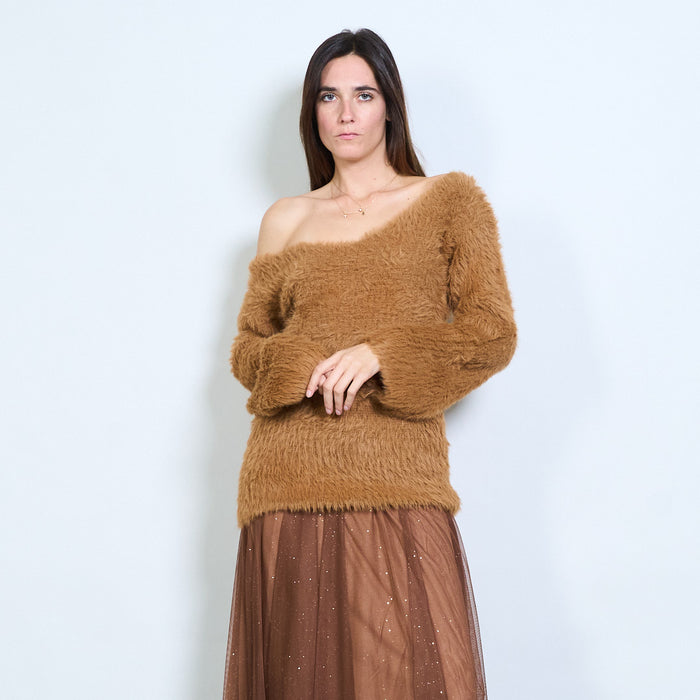 Fuzzy deep v-neck fitted longline pullover wholesale