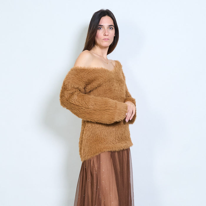 Fuzzy deep v-neck fitted longline pullover wholesale