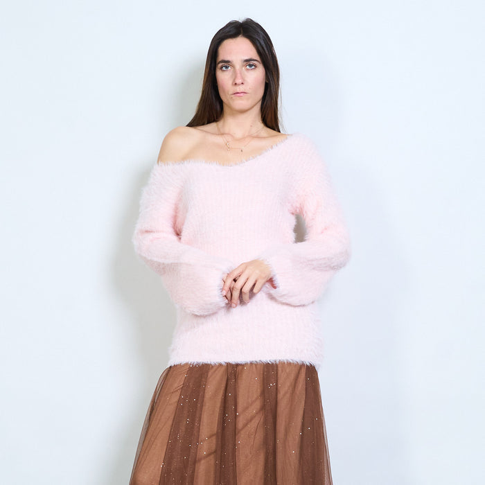 Fuzzy deep v-neck fitted longline pullover wholesale