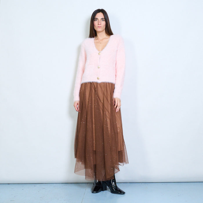 Fuzzy soft-touch button front cropped cardigan wholesale