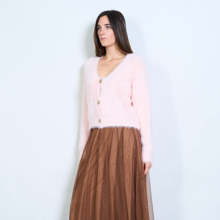Fuzzy soft-touch button front cropped cardigan wholesale