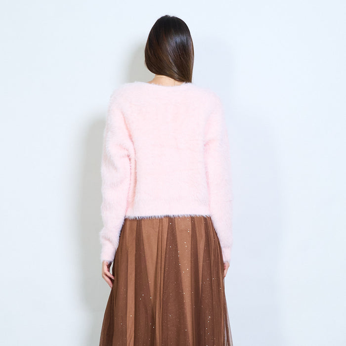 Fuzzy soft-touch button front cropped cardigan wholesale