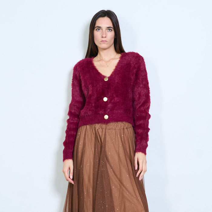 Fuzzy soft-touch button front cropped cardigan wholesale