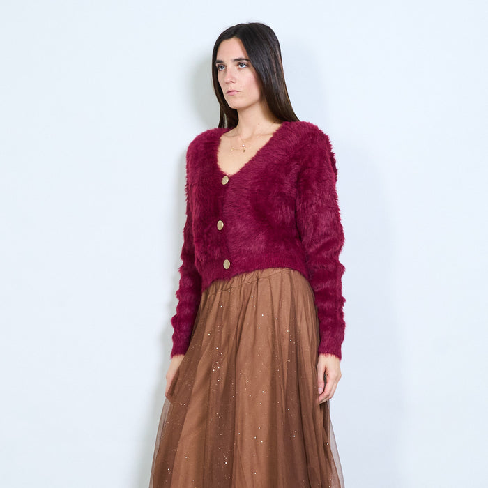 Fuzzy soft-touch button front cropped cardigan wholesale