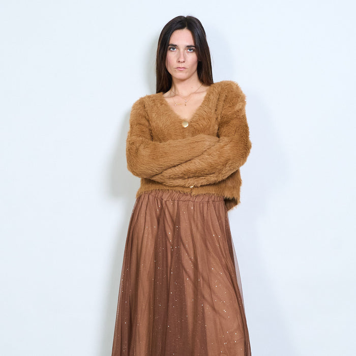 Fuzzy soft-touch button front cropped cardigan wholesale
