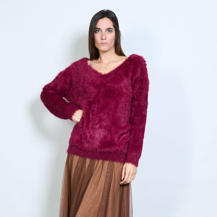 Fuzzy soft-touch deep v-neck long sleeve pullover wholesale