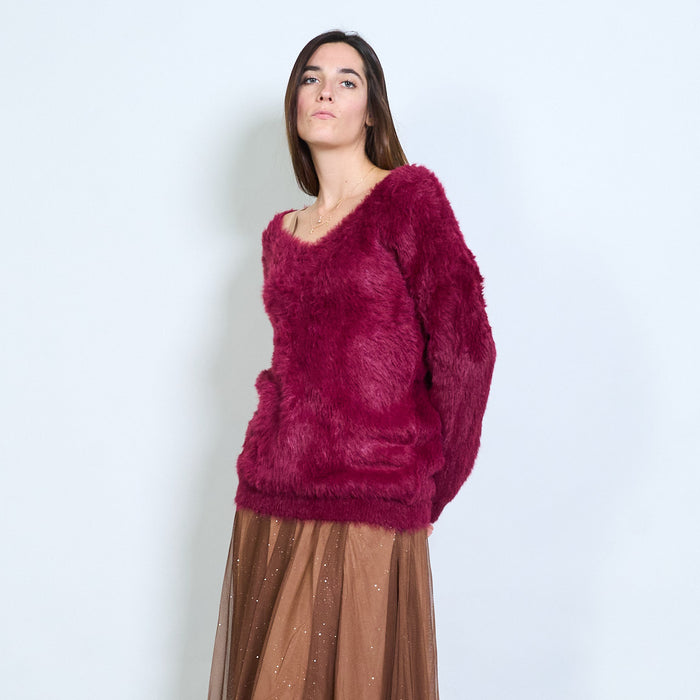 Fuzzy soft-touch deep v-neck long sleeve pullover wholesale