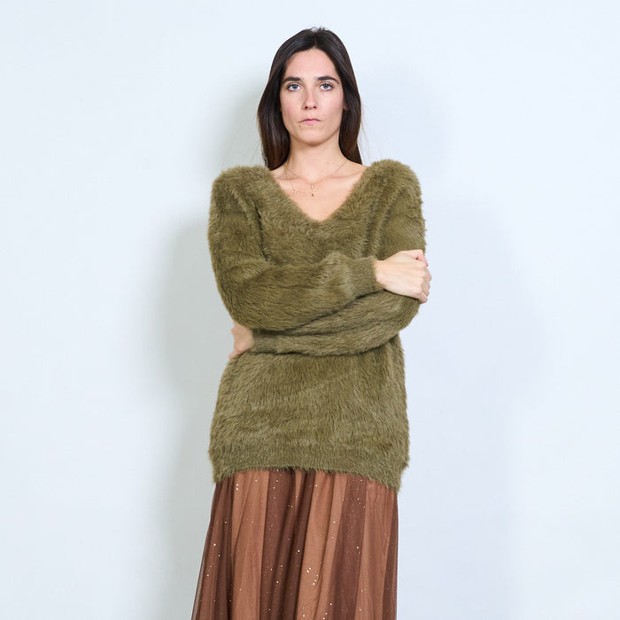 Fuzzy soft-touch deep v-neck long sleeve pullover wholesale